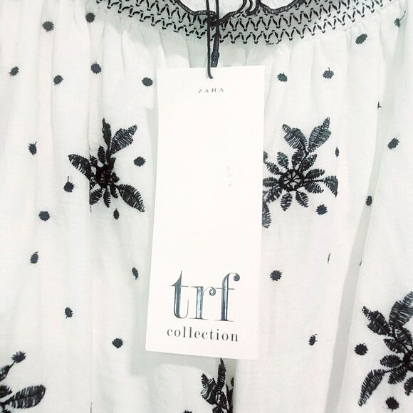 Zara Midi eyelet Dress white blouson S Embroidered peasant Floral Tassels TRF - Picture 8 of 15